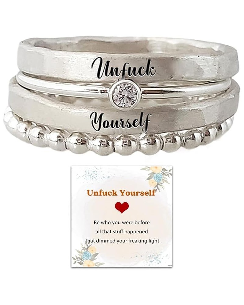 Unfuck Yourself Stacked Ring - 4 Rings Set, Women's S925 Sterling Silver Stackable Inspirational Ring Set, 4 Pieces Couple Ri...