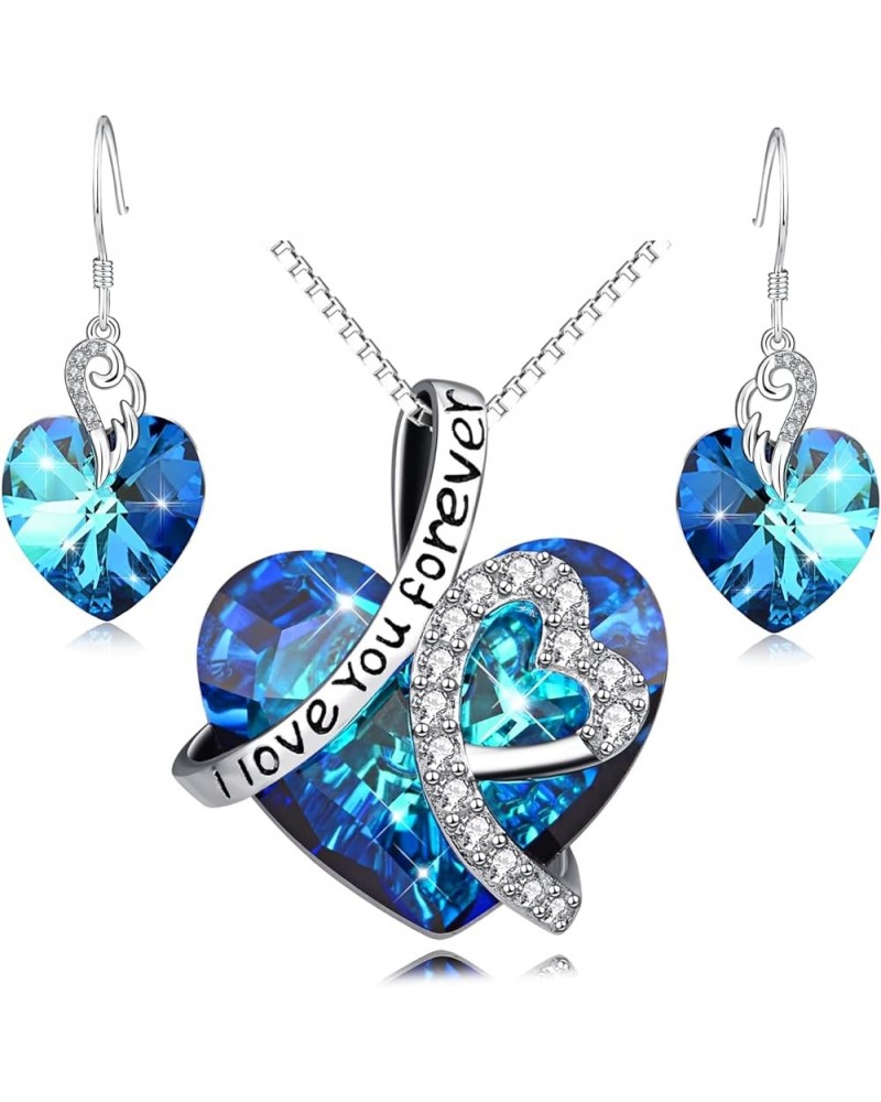 Love Jewelry Set for Women Sterling Silver Heart Crystal Necklace Jewelry Gifts Sapphire Blue $29.24 Jewelry Sets