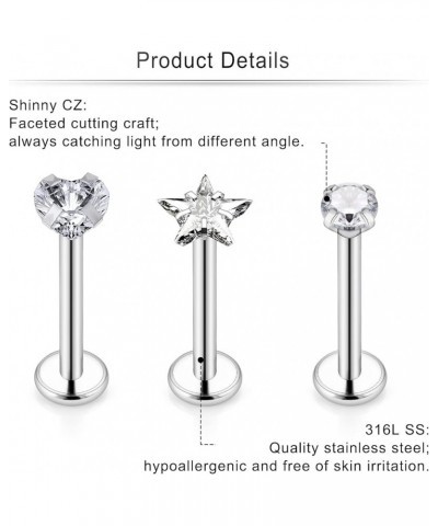 20G 18G 16G Push in Threadless Nose Ring Studs 316L Surgical Steel Hypoallergenic Diamond Nose Studs Flat Back Cartilage Trag...