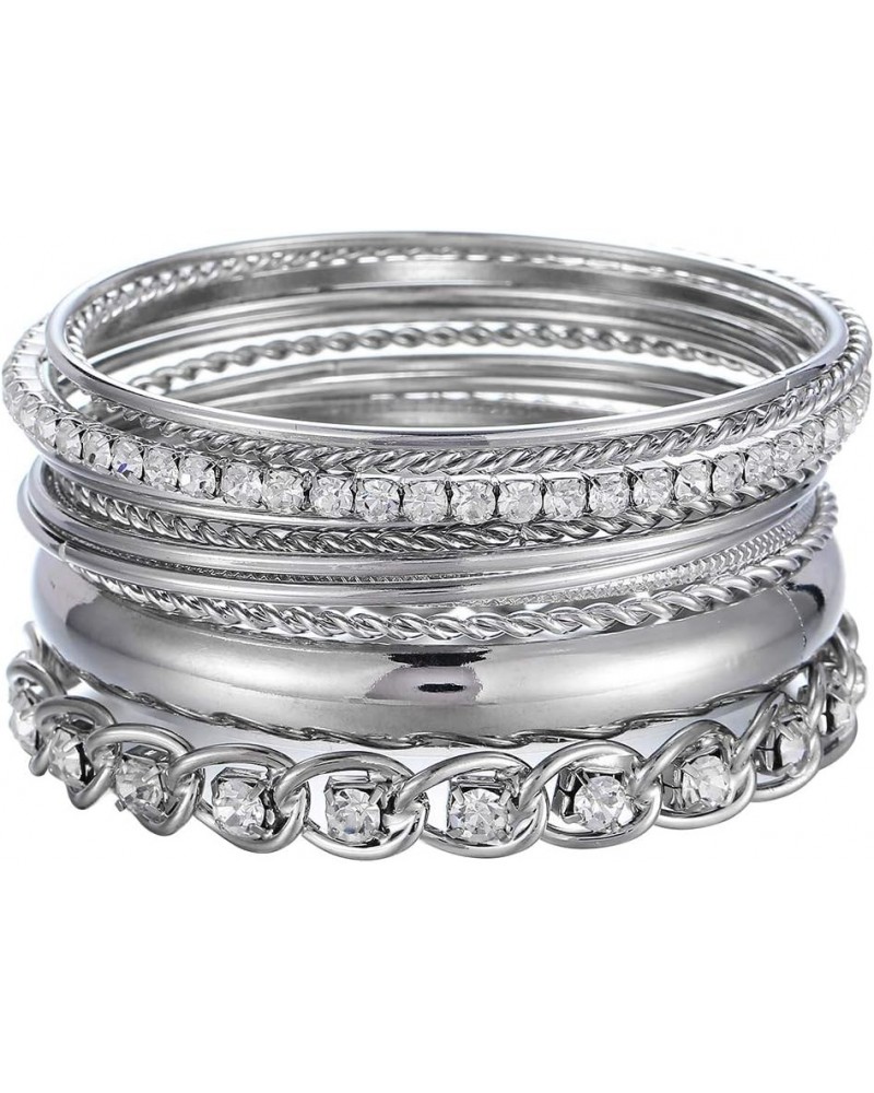 Twisted Multiple Metal Bracelets & Bangles Set for Women 12Pcs/Set W/Clear Rhinestones Silver $10.79 Bracelets