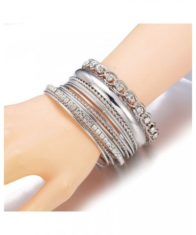 Twisted Multiple Metal Bracelets & Bangles Set for Women 12Pcs/Set W/Clear Rhinestones Silver $10.79 Bracelets