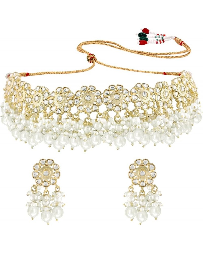 18K Gold Plated Indian Wedding Bollywood Kundan & Pearl Studded Choker Necklace JewelleySet For Women/Girls (K7213) White $15...