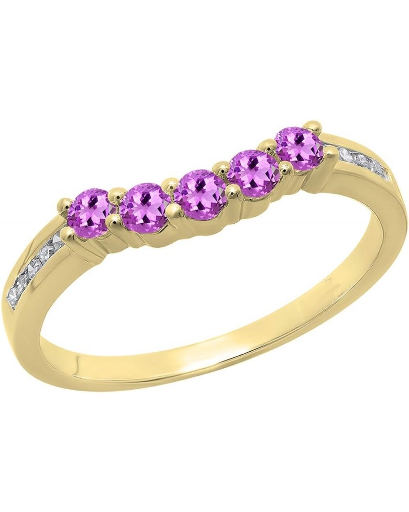 Round Amethyst & White Diamond 5 Stone Contour Guard Stackable Wedding Band for Women in 10K Gold 8.5 Yellow Gold $106.39 Rings