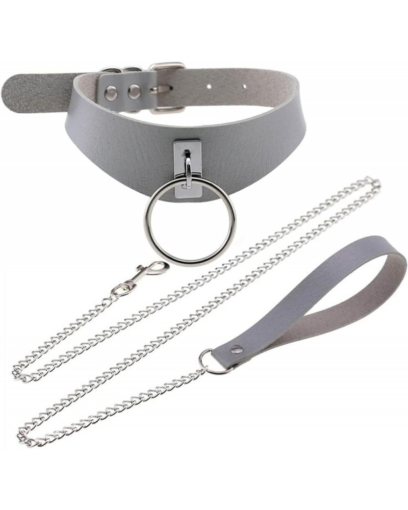 Punk Hauling Chain PU Leather Collar Metal Ring Choker Gothic Necklace NightClub Goth Leash Belts Adjustable Size Grey $9.93 ...