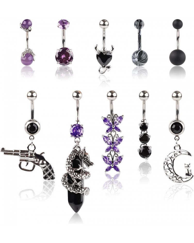 10pcs Belly Button Rings, Stainless Steel Belly Rings Dangling Black Purple Heart Butterfly Moon Dangle Belly Button Rings Ba...