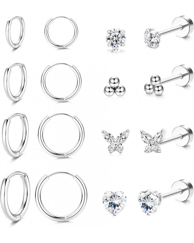 8 Pairs Stainless Steel Earrings Sets for Multiple Piercing, Small Huggie Hoop Earrings Flat Back Tiny Ball CZ Stud Earring, ...