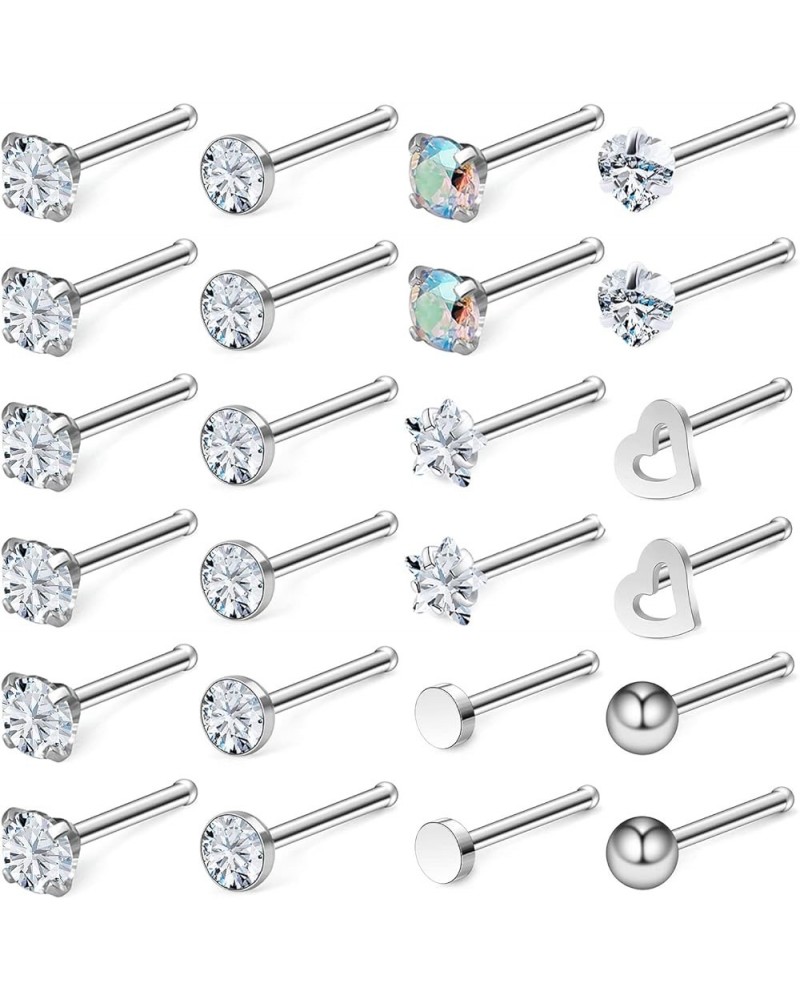 18G Nose Rings Studs Stainless Steel Nose Nostril Piercing Jewelry for Women Men Girls CZ Inlaid 2MM 12Pairs 18G Silver Tone-...