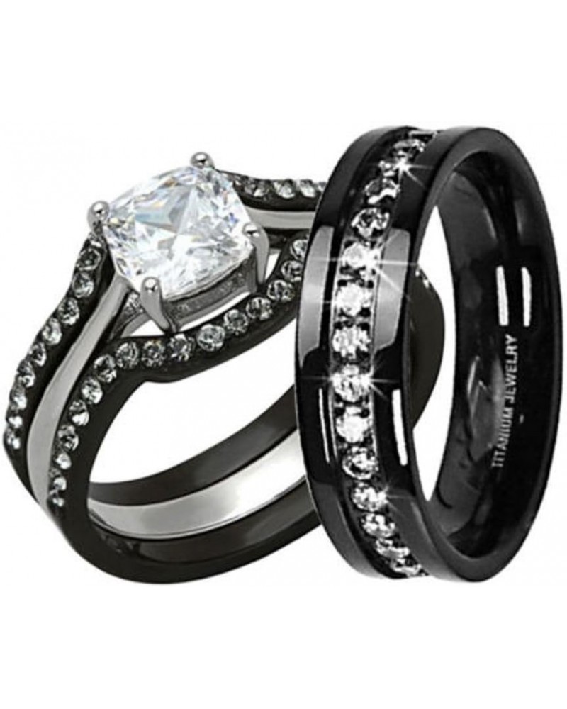 His and Hers 4 Piece Black Stainless Steel and Titanium Wedding Engagement Ring Band Set Size Women's 07 Men's 08 $20.39 Sets