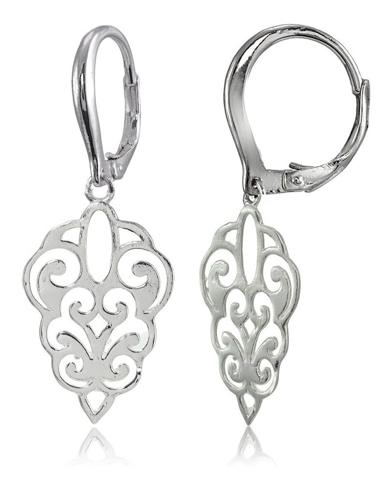 925 Sterling Silver Filigree Dangle Leverback Earrings for Women and Teen Girls, Silver, Yellow and Rose Gold Flashed Sterlin...