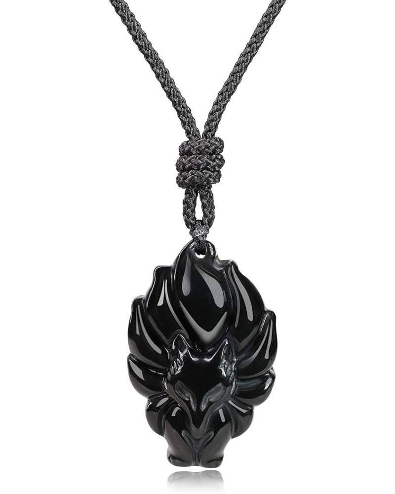 Stone Amulet Nine Tailed Fox Pendant Necklace Black Obsidian $12.72 Necklaces