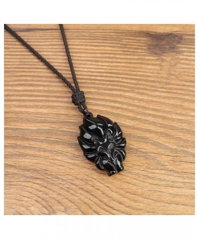 Stone Amulet Nine Tailed Fox Pendant Necklace Black Obsidian $12.72 Necklaces