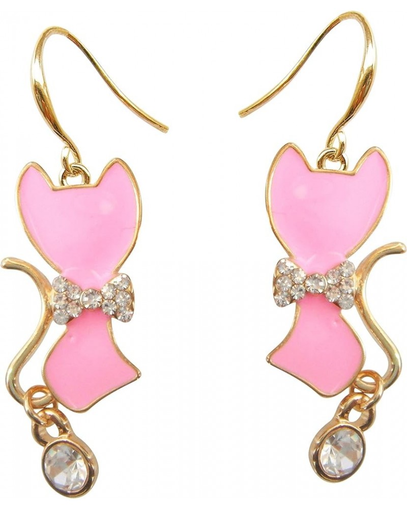 18k Yellow Gold Plated Cut Bowknot Black Enamel Crystal Dangle Drop Cat Earrings Pink $9.85 Earrings