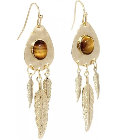 Stone Teardrop with Feather Drop Earrings Gold Plated-Tiger eye $11.39 Earrings