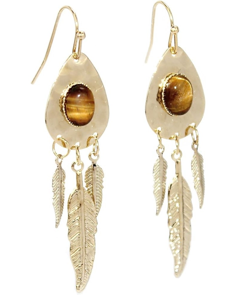 Stone Teardrop with Feather Drop Earrings Gold Plated-Tiger eye $11.39 Earrings