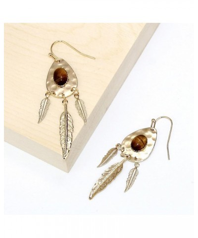 Stone Teardrop with Feather Drop Earrings Gold Plated-Tiger eye $11.39 Earrings