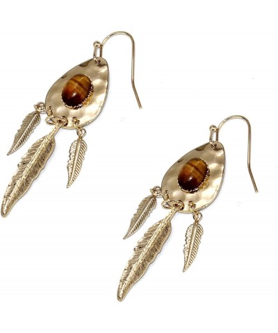 Stone Teardrop with Feather Drop Earrings Gold Plated-Tiger eye $11.39 Earrings