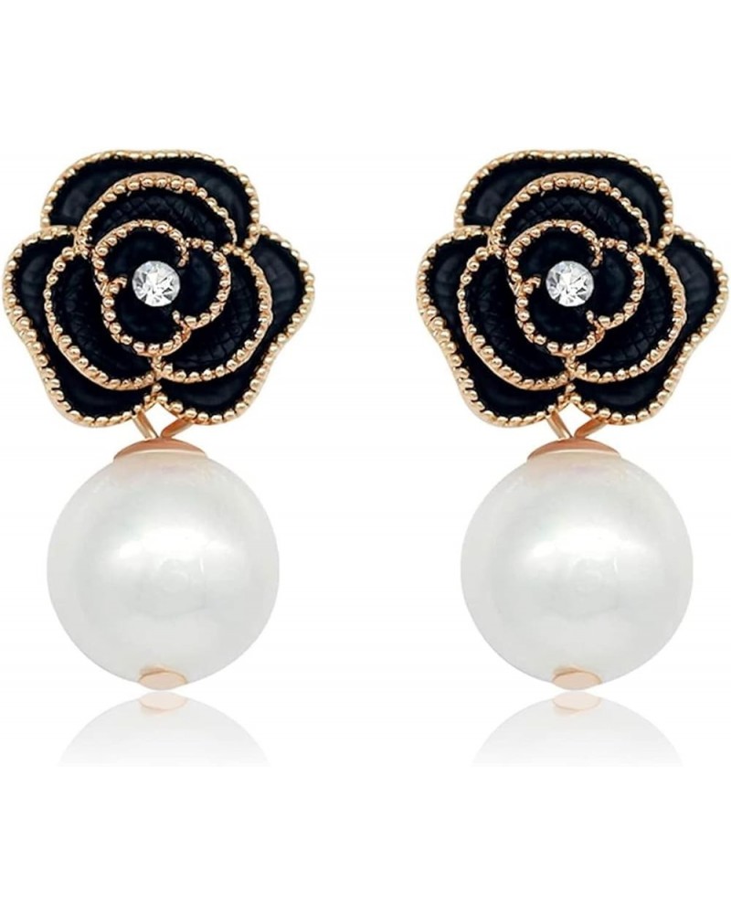 Fashion Design Faux Pearl Charm Flower Dangle Drop Earrings Studs For Women Black $11.25 Earrings