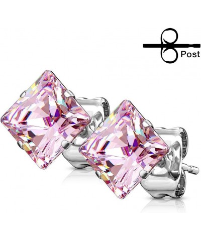 Pair of 316L Surgical Stainless Steel Stud Earring with Princess Cut Square CZ Size: 0.6mm, Ball Size: 6mm, Pink $10.02 Earrings