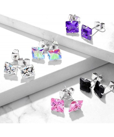 Pair of 316L Surgical Stainless Steel Stud Earring with Princess Cut Square CZ Size: 0.6mm, Ball Size: 6mm, Pink $10.02 Earrings