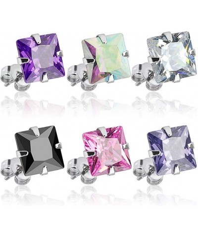 Pair of 316L Surgical Stainless Steel Stud Earring with Princess Cut Square CZ Size: 0.6mm, Ball Size: 6mm, Pink $10.02 Earrings