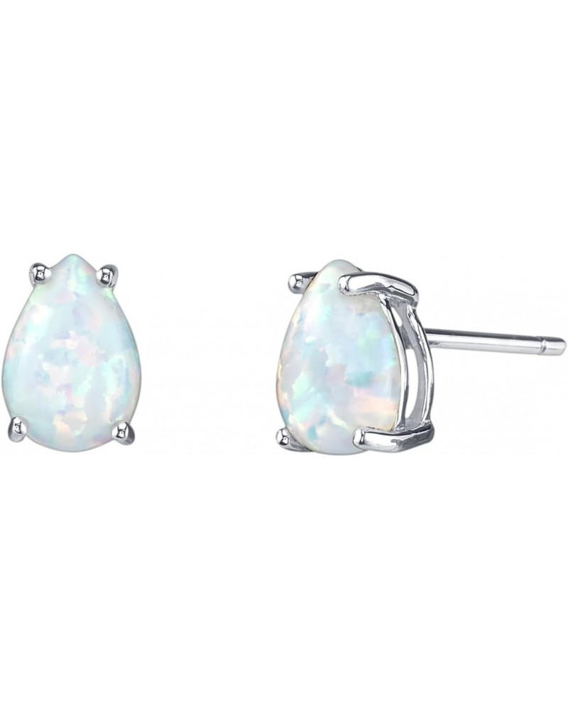 14K White Gold Created White Fire Opal Earrings for Women, Hypoallergenic Solitaire Studs, 7x5mm Pear Shape, 1 Carat total, O...