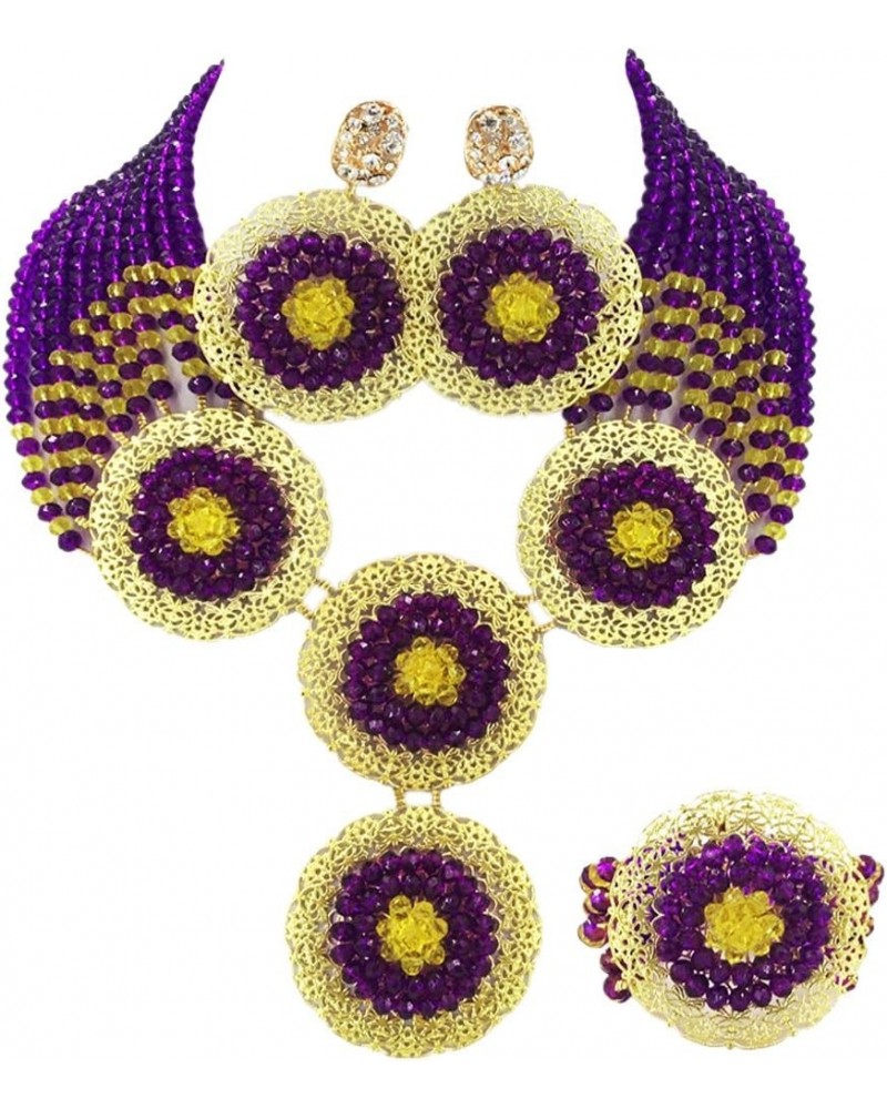 African Beads Jewelry Set Nigerian Wedding Necklace and Earrings for Women Purple Yellow $22.05 Jewelry Sets