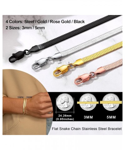 3/5mm Flat Snake Chain Bracelet 18k Real Gold Plated Stainless Steel Herringbone Chain Link Bracelet for Women (4 Colors) C:5...