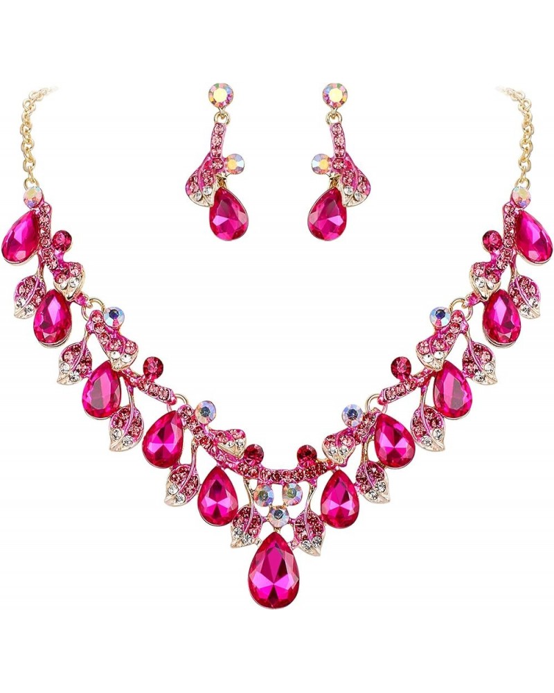 Women's Wedding Bridal Crystal Teardrop Cluster Leaf Vine Enamel Statement Necklace Dangle Earrings Set Fuchsia Gold-Tone $12...