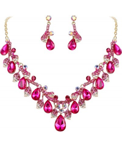 Women's Wedding Bridal Crystal Teardrop Cluster Leaf Vine Enamel Statement Necklace Dangle Earrings Set Fuchsia Gold-Tone $12...