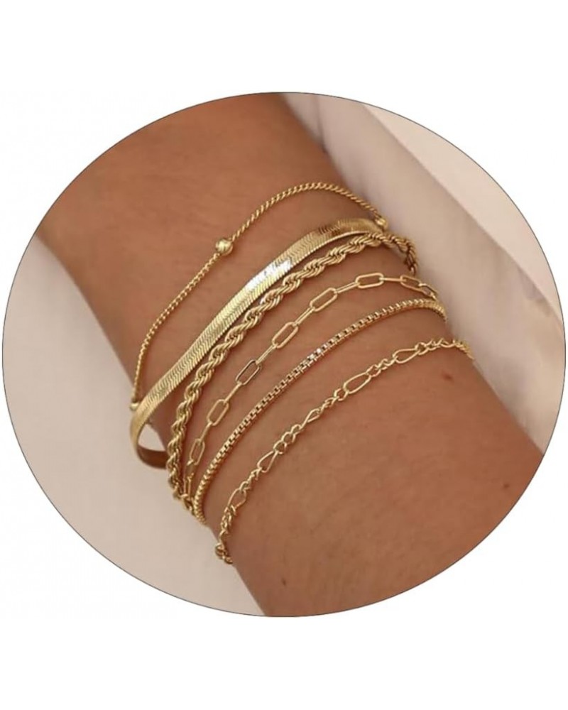 Dainty Bracelets for Women, 14k Gold Plated/Silver Layered Charms Bracelet Herringbone Satellite Beads Box Rope CZ Bracelet A...