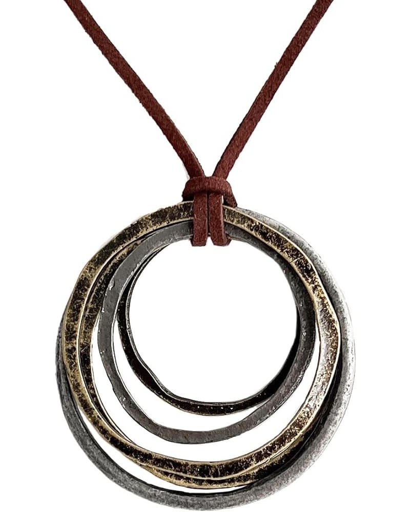 Handmade Bronze Color Multiple Ring Pendant Necklace Boho Style Long Leather Rope Sweater Necklace for Women AN013-5 LOOPS $8...