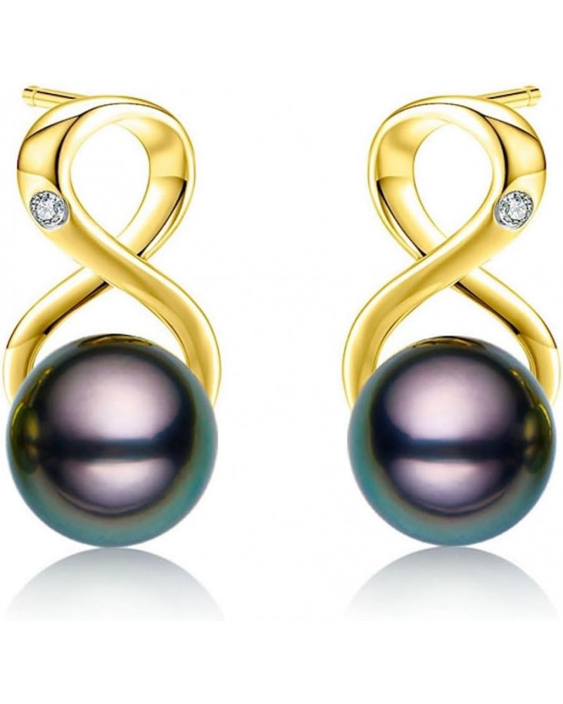 Infinity Earrings AAA Top Grade Genuine Tahitian Black Pearl 8-9mm 18K Gold Plated 925 Sterling Silver – Birthday Anniversary...