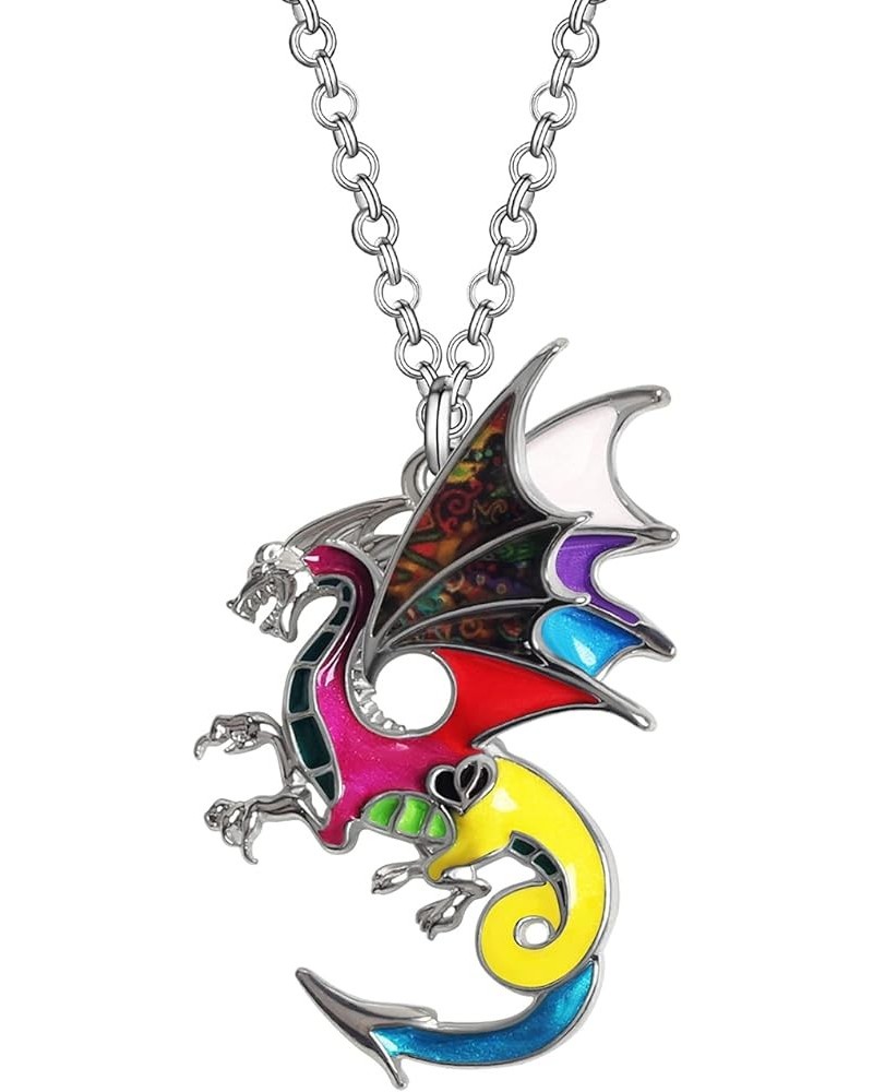 Enamel Alloy Dragon Necklace Fantasy Dinosaur Pendant Fashion Jewelry For Women Girls Charm Gift Multi $10.61 Necklaces