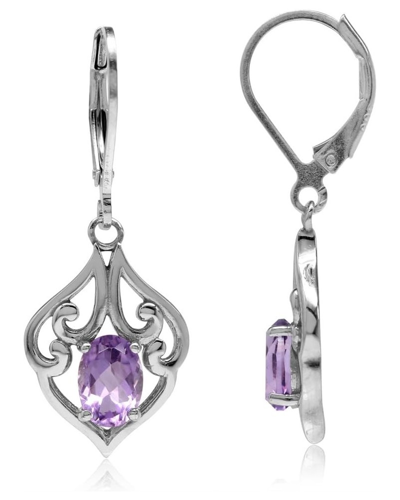 Birthstone Gemstones 925 Sterling Silver Victorian Style Leverback Drop Dangle Earrings Jewelry for Women genuine purple amet...