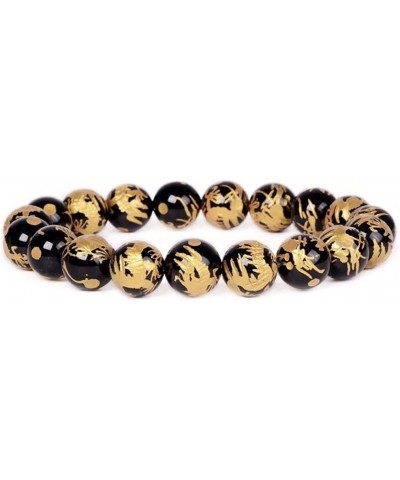 Gem Semi Precious Gemstone 10mm Round Beads Stretch Bracelet 7 Inch Unisex Black Agate Gold Dragon $9.66 Bracelets