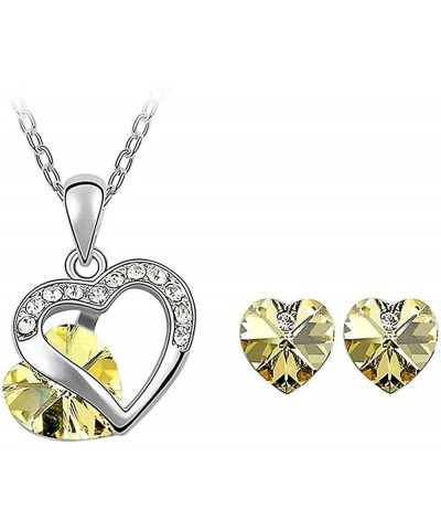 White Gold Plated Open Style Double Heart Swarovski Elements Crystal Pendant Necklace Stud Earrings Set Fashion Jewelry for W...