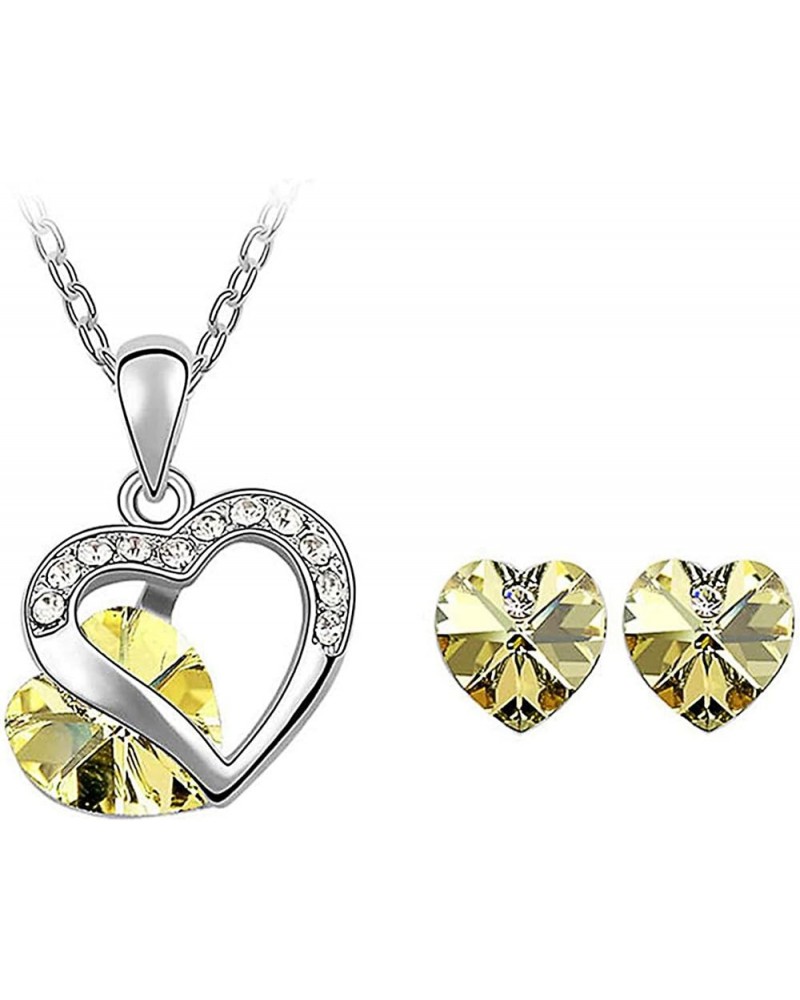 White Gold Plated Open Style Double Heart Swarovski Elements Crystal Pendant Necklace Stud Earrings Set Fashion Jewelry for W...