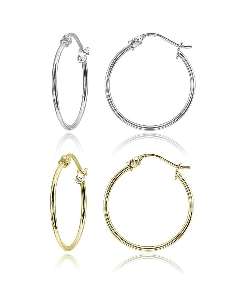 2 Pair Set Sterling Silver & Yellow Gold Flashed Tiny or Small High Polished Round Thin Lightweight Unisex Click-Top Hoop Ear...