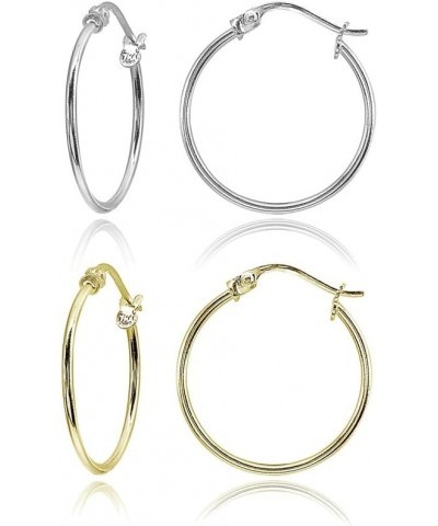 2 Pair Set Sterling Silver & Yellow Gold Flashed Tiny or Small High Polished Round Thin Lightweight Unisex Click-Top Hoop Ear...