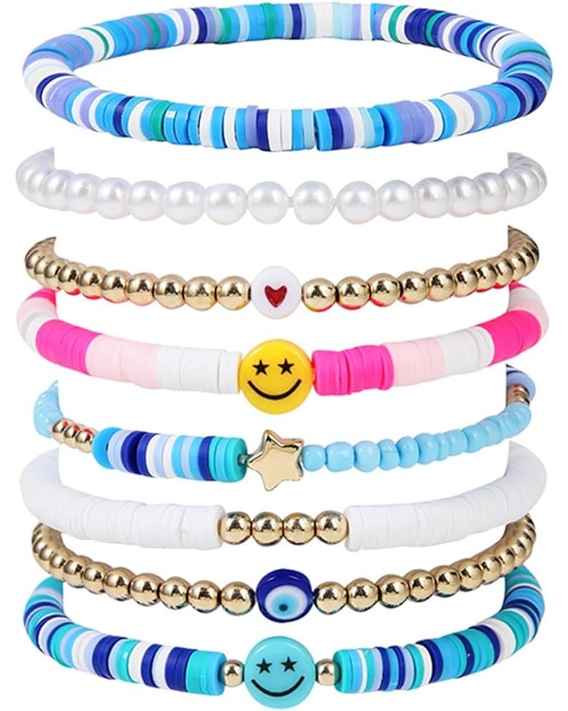 Preppy Heishi Surfer Bracelets Set, Colorful White Gold Smile Heart Star Evil Eye Beaded Polymer Clay Pearl Stackable Charm Y...