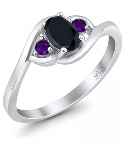 Three Stone Engagement Ring Oval Cut Round Simulated Amethyst Cubic Zirconia 925 Sterling Silver Simulated Black CZ $11.27 Rings