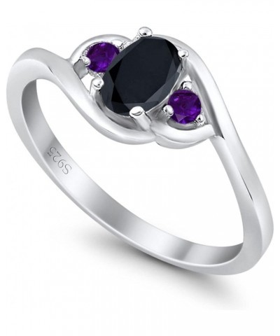 Three Stone Engagement Ring Oval Cut Round Simulated Amethyst Cubic Zirconia 925 Sterling Silver Simulated Black CZ $11.27 Rings