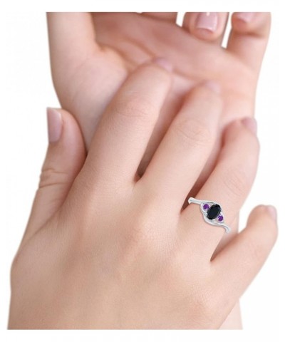 Three Stone Engagement Ring Oval Cut Round Simulated Amethyst Cubic Zirconia 925 Sterling Silver Simulated Black CZ $11.27 Rings