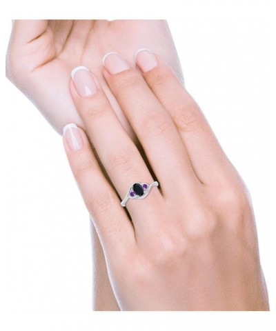 Three Stone Engagement Ring Oval Cut Round Simulated Amethyst Cubic Zirconia 925 Sterling Silver Simulated Black CZ $11.27 Rings