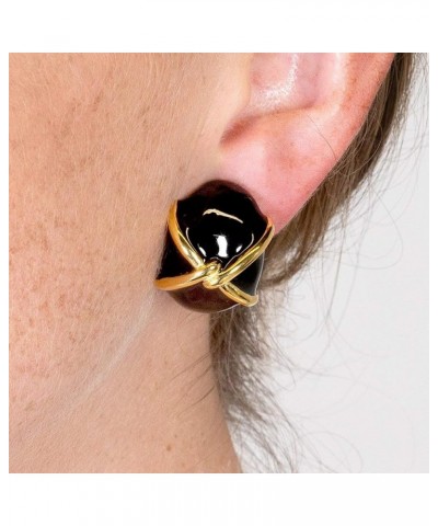 Colored Enamel Button Clip Earring with Gold "X" Accent Black $34.30 Earrings