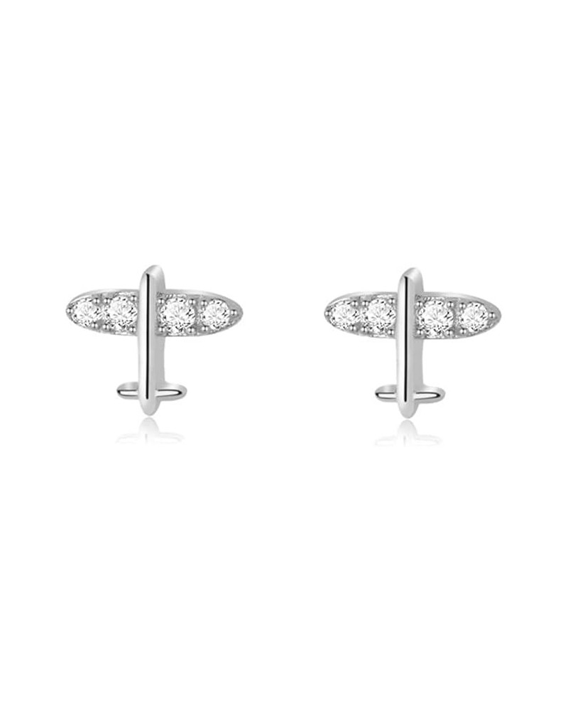 Mini Airplane CZ Stud Earrings for Women Little Girls Tiny Cartilage Conch Sterling Silver Sensitive Ears Hypoallergenic Trag...