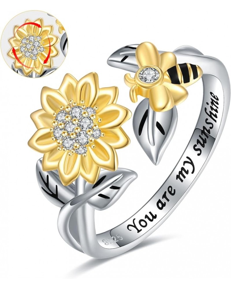 Silver Spinner Sunflower Bee Ring - 925 Sterling Silver Adjustable Fidget Anxiety Bumble Bee with Sunflower Jewelry Rings for...