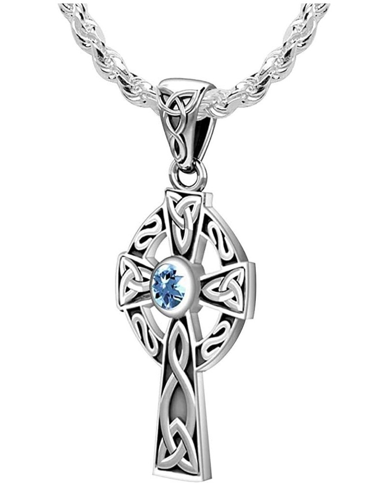 Ladies 925 Sterling Silver Genuine Aquamarine March Birthstone 23mm Celtic Knot Cross Pendant Necklace, 18in to 24in 20in 2.4...