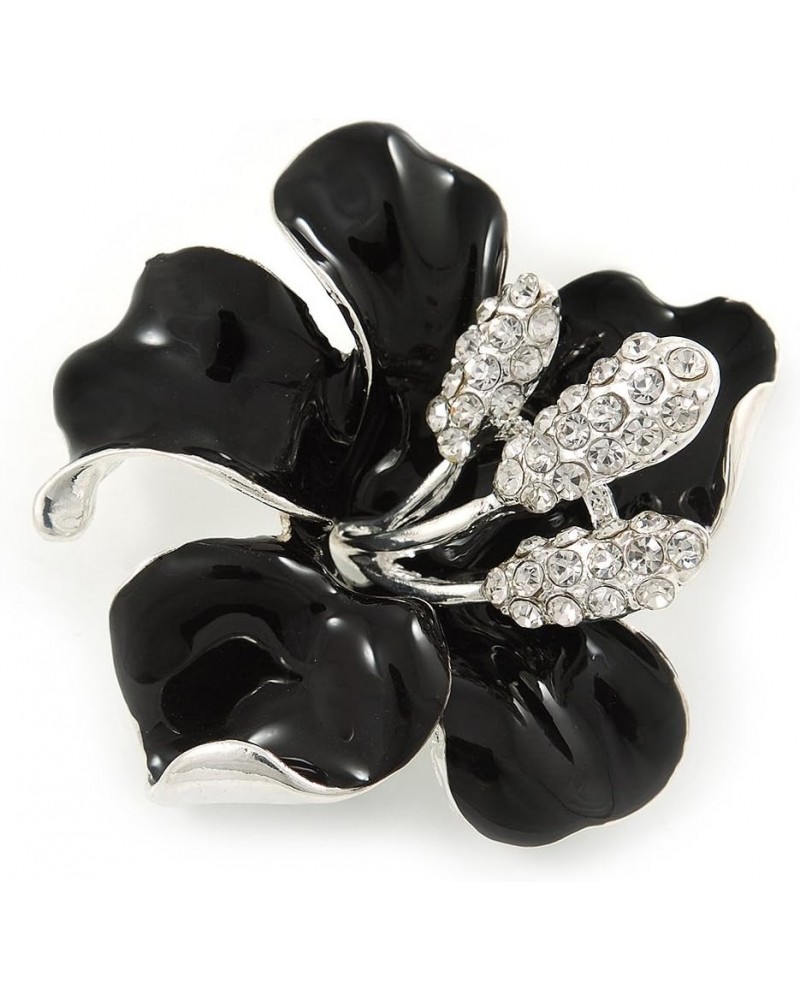 Black Enamel, Clear Crystal Flower Brooch In Silver Tone Metal - 45mm D $9.60 Brooches & Pins