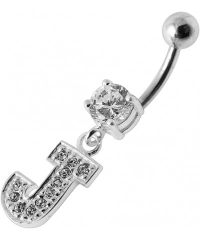 CZ Crystal Gemstone Stylish J Alphabet Dangling 925 Sterling Silver Belly Ring Body Jewelry White $10.60 Body Jewelry